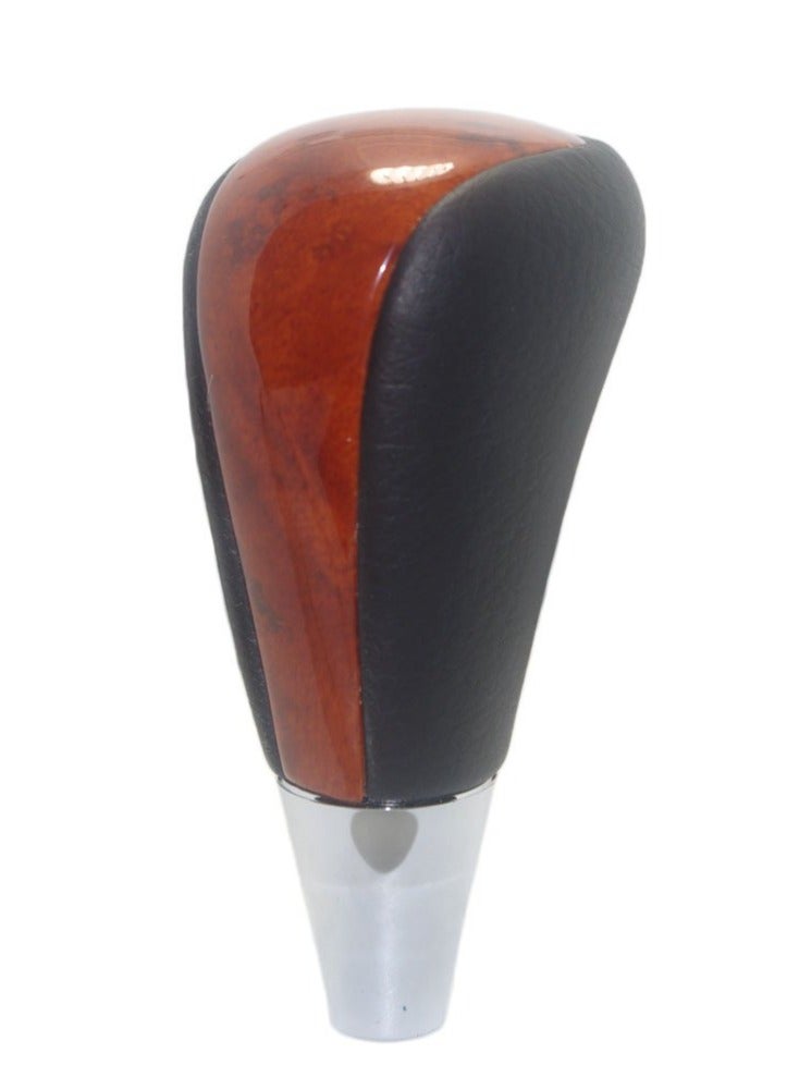 Leather  Wood Gear Shift Knob, Brown  Chrome, Fits Toyota Lexus Camry Crown (Black, Chrome) - Image 1